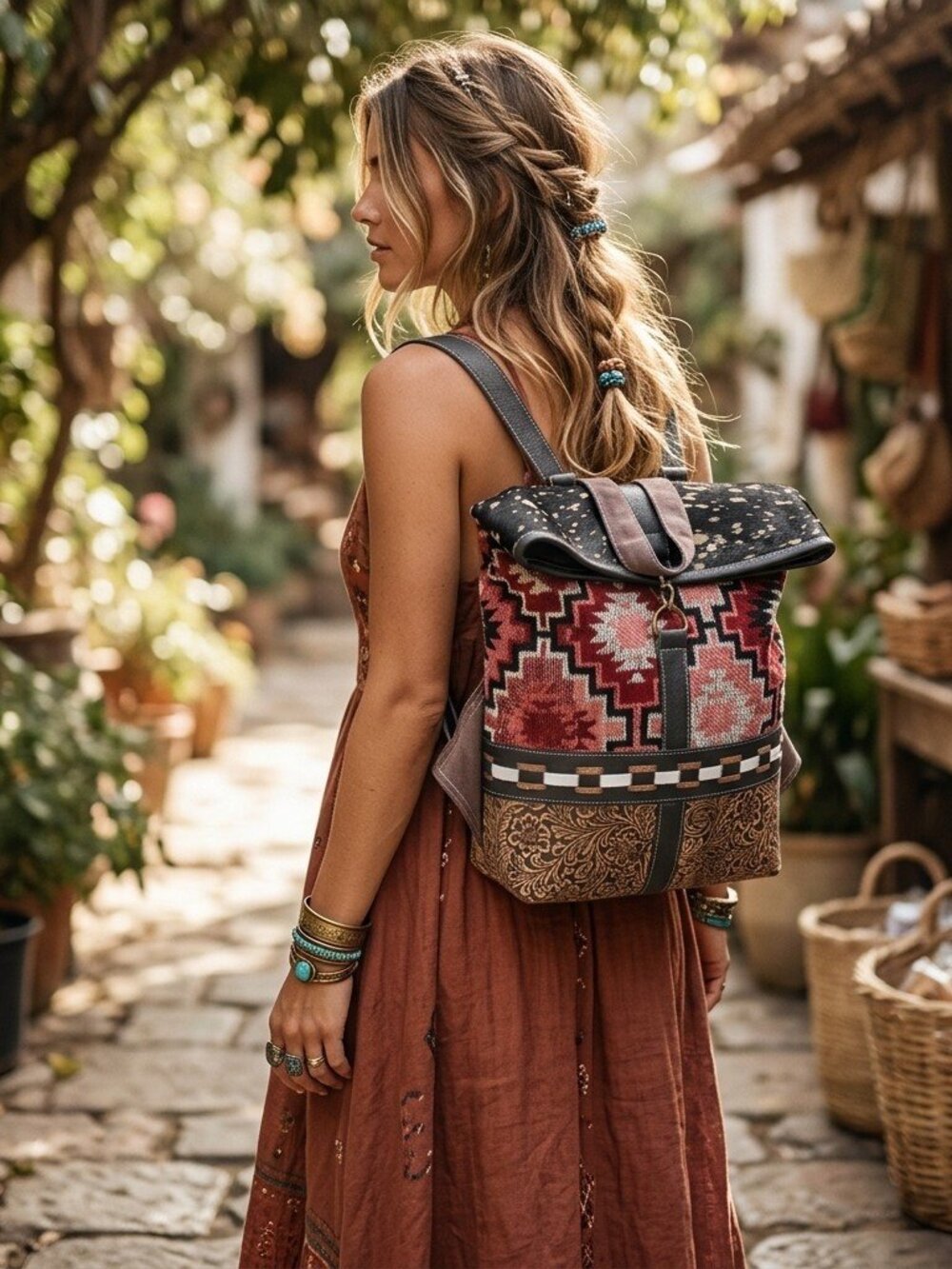 Boho Roll-Top Tapestry Style Backpack